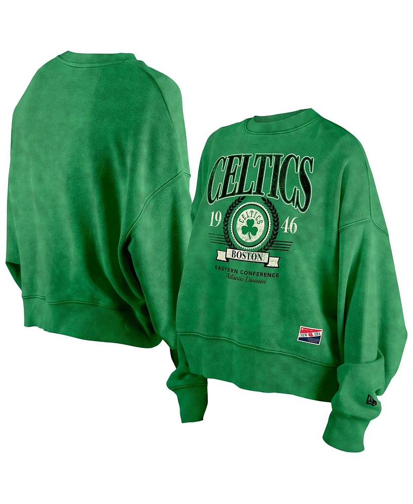 New Era Women's Kelly Green Boston Celtics Hardwood Classics Enzyme Wash Oversized Boxy Pullover Sweatshirt