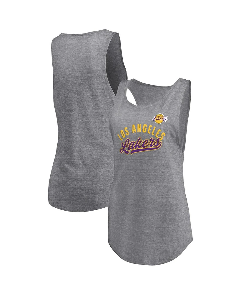 Fanatics Women's Heathered Gray Los Angeles Lakers Quality Time Open Scoop Neck Tri-Blend Tank Top