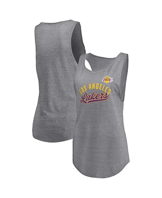 Fanatics Women's Heathered Gray Los Angeles Lakers Quality Time Open Scoop Neck Tri-Blend Tank Top