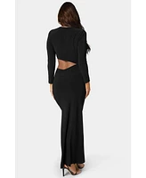 Bebe Women's Asymmetrical Cut Out Long Sleeve Maxi Dress