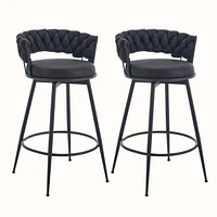 Dyhome 28 inch Bar Stools Set of 2, Modern Counter Height Stools, 360° Swivel Suede Fabric Stool Chairs with Woven Back and Footrest for Kitc