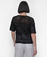 Dkny Women's Cotton Short-Sleeve Crochet Sweater