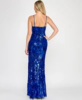 Crystal Doll Juniors' Floral Sequined Sleeveless Gown