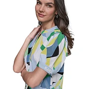 Karl Lagerfeld Women's Printed Puff-Sleeve Button-Front Top