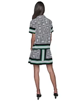 Karl Lagerfeld Paris Women's Border Printed Short Sleeve Button-Front Top