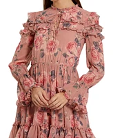 Mac Duggal Women's Long Sleeve Lace Up Front Tiered Ruffle Dress
