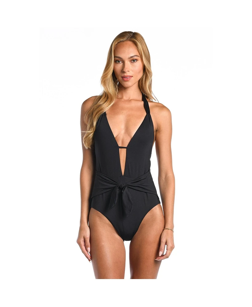 Sunshine 79 Women's One Piece Swimsuit Solids V Plunge Halter