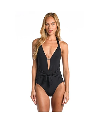 Sunshine 79 Women's One Piece Swimsuit Solids V Plunge Halter