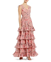 Mac Duggal Women's Drawstring Shoulder Floral Chiffon Tiered Gown