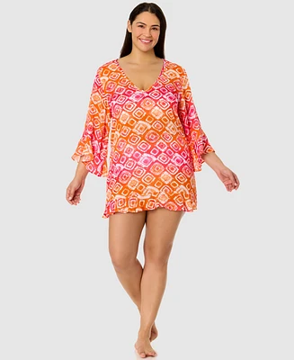Anne Cole Women's Tie Dye Foulard Bell-Sleeve Flounce Tunic Swim Cover-Up
