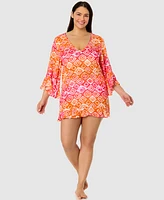 Anne Cole Women's Tie Dye Foulard Bell-Sleeve Flounce Tunic Swim Cover-Up