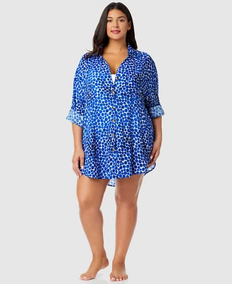 Anne Cole Plus Denim Dot Boyfriend Shirt Swim Cover-Up
