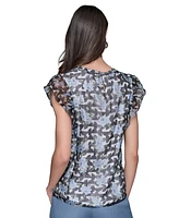 Karl Lagerfeld Paris Women's Mixed-Print Flutter-Sleeve Top