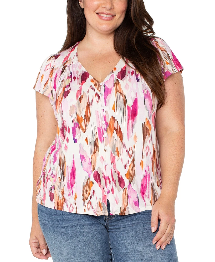 Liverpool Plus Flutter-Sleeve Button-Front Top