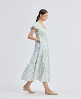 Reistor Women's Puff Sleeve Tiered Maxi Dress Blue Florals