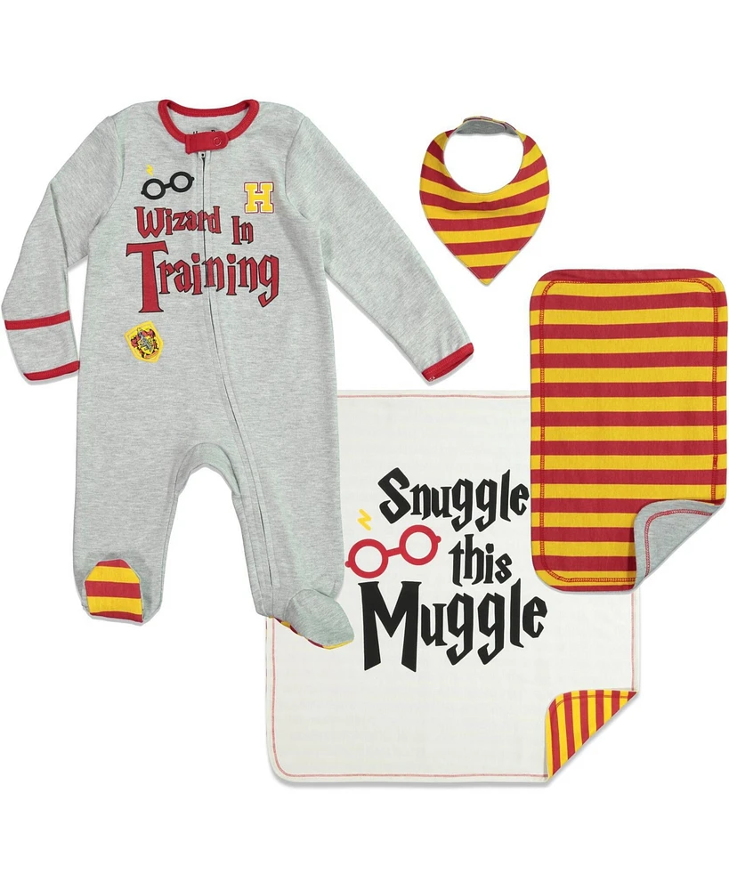 Harry Potter Baby Boys Zip Up Sleep N' Play Bib Blanket and Burp Cloth 4 Piece Outfit Set