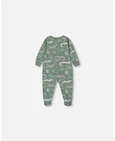 Deux par Baby Boys Printed Cotton One-Piece Pajama Light Sage And Gray Crocodile