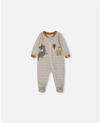 Deux par Baby Boys Printed Cotton One-Piece Pajama Dinosaur On Mottled And Tan Background