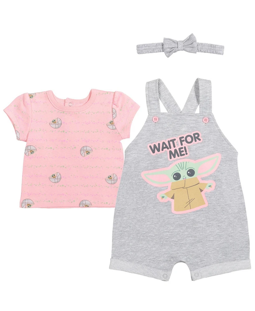 Star Wars Baby Girls Yoda French Terry Snap Short Overalls T-Shirt and Headband 3 Piece Outfit Set