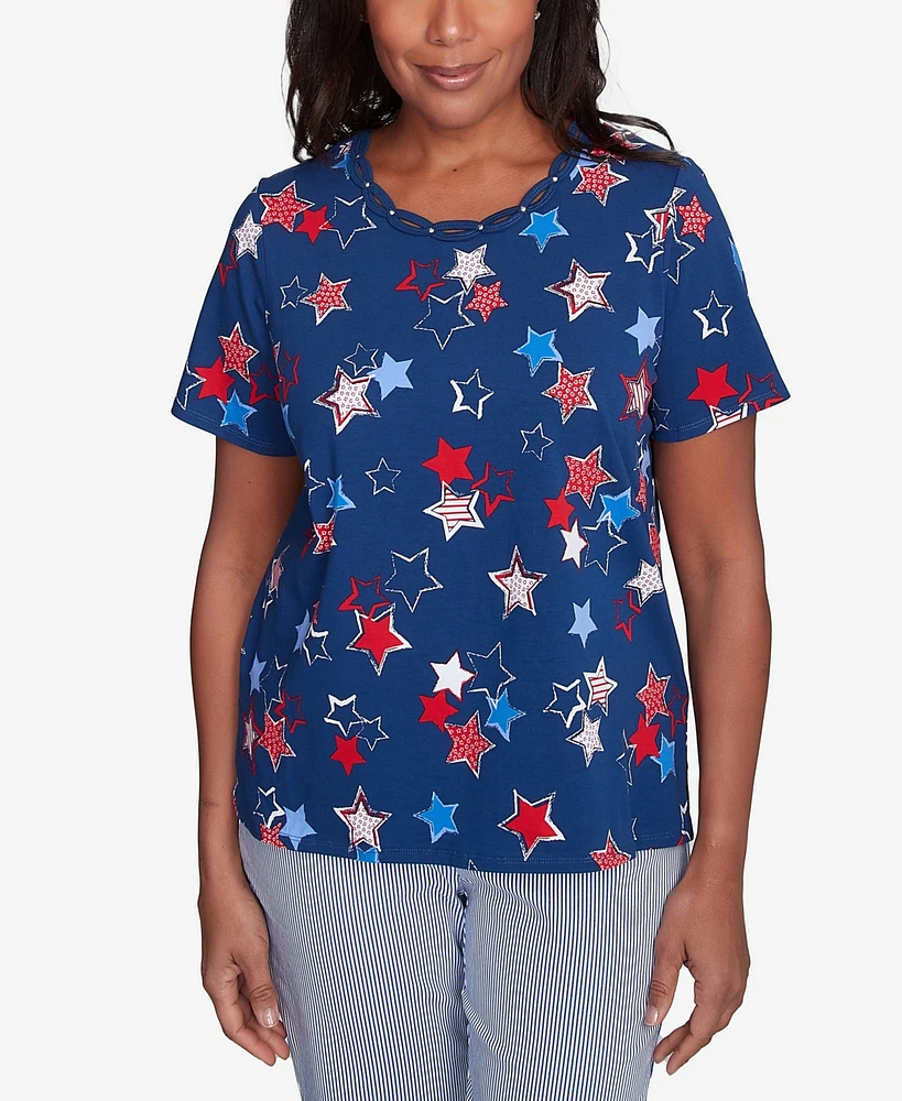 Alfred Dunner Women's Crew Neck Star Studded Top