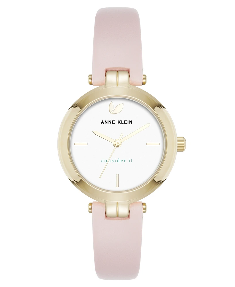 Anne Klein Women's Quartz Round Blush Pink Leather and Gold-Tone Metal Alloy Strap Watch, 32mm