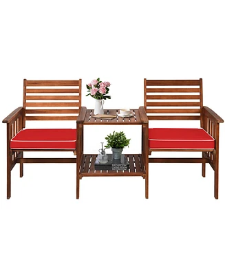 Gymax Patio Outdoor Conversation Set Acacia Wood Loveseat w/ Cushion Table