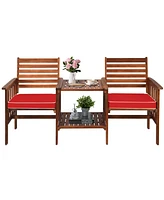 Gymax Patio Outdoor Conversation Set Acacia Wood Loveseat w/ Cushion Table