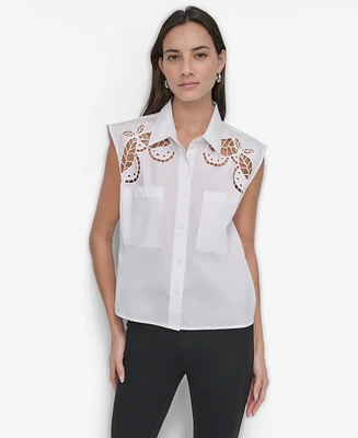 Dkny Women's Cotton Sleeveless Ladder-Trim Blouse