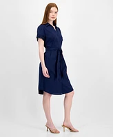 T Tahari Women's Lace-Trim Short-Sleeve Shirtdress