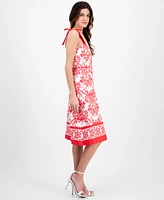 Anne Klein Women's Printed Bow-Shoulder Border-Hem Midi Dress
