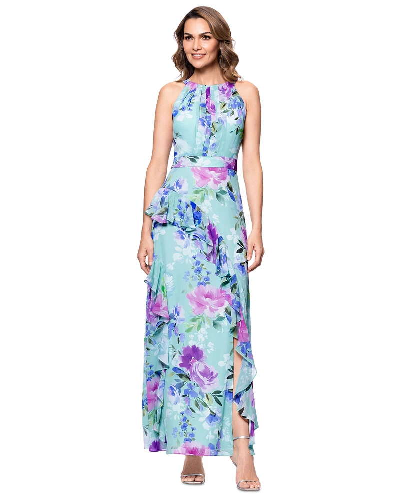 Betsy & Adam Women's Back-Tie Halter Ruffled Gown