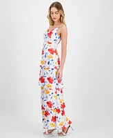 Anne Klein Women's Floral-Print Cowlneck Tiered Satin Maxi Dress