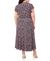 Msk Plus Floral-Print Flutter-Sleeve Midi Dress