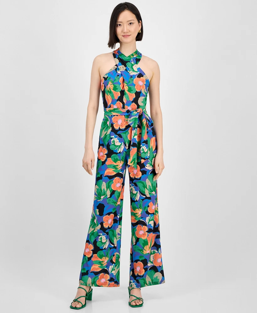 Tahari Petite Floral-Print Tie-Belt Crossover-Neck Jumpsuit