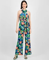 Tahari Petite Floral-Print Tie-Belt Crossover-Neck Jumpsuit