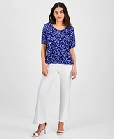 Anne Klein Women's Printed Elbow-Sleeve Keyhole Blouse