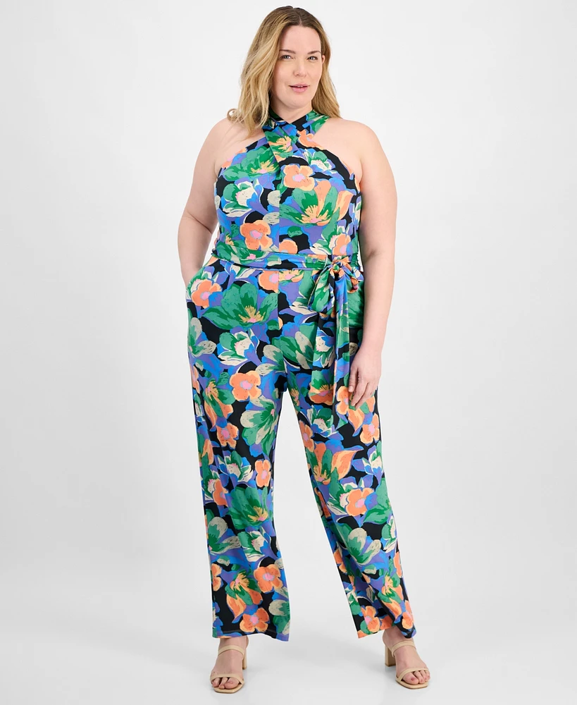 Tahari Plus Twist Halter-Neck Jersey Jumpsuit