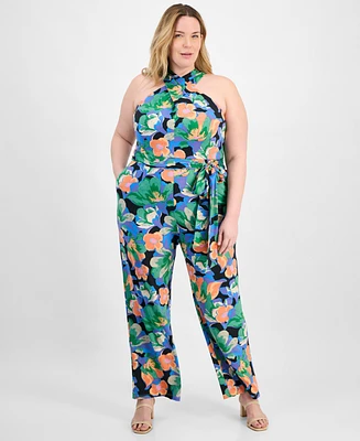 Tahari Plus Twist Halter-Neck Jersey Jumpsuit