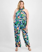 Tahari Plus Twist Halter-Neck Jersey Jumpsuit