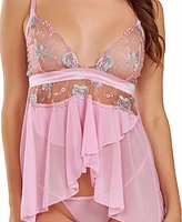 iCollection Women's Sheer Ebriodered Bodice Babydoll Lingerie Set
