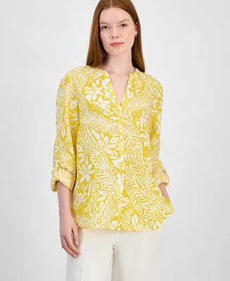 Charter Club Women's 100% Linen Printed Button-Front Top, Exclusively at Macy's