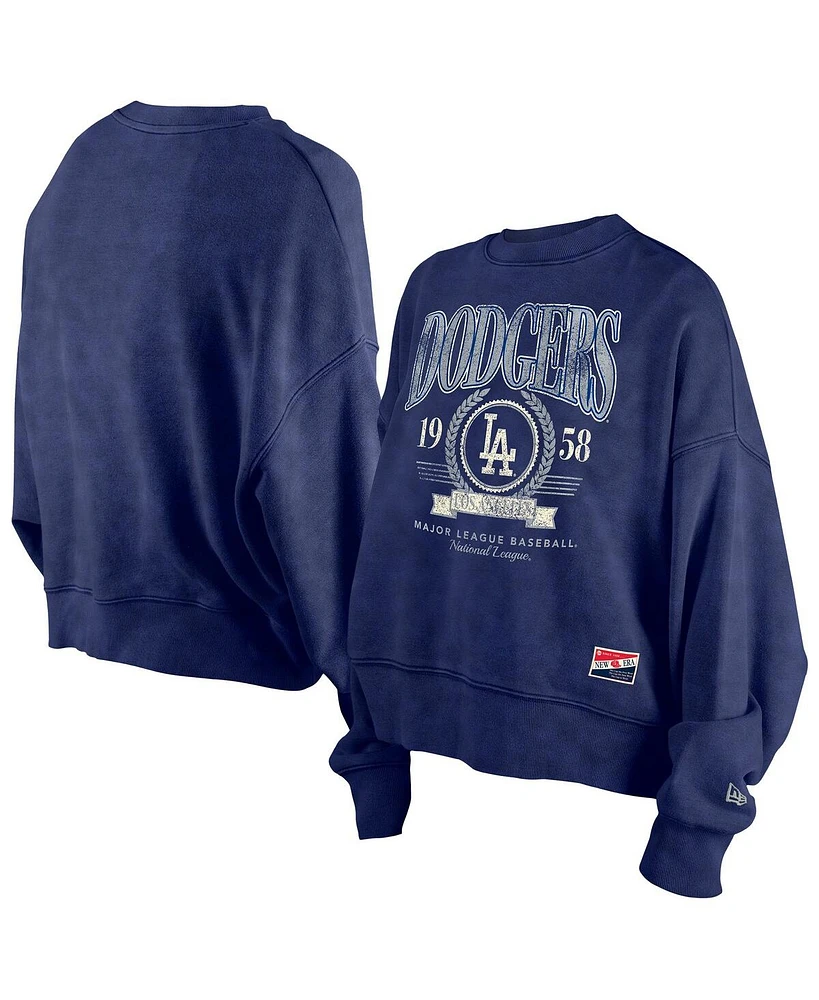 New Era Women's Navy Los Angeles Dodgers Throwback Boxy Enzyme Wash Fleece Crewneck Pullover