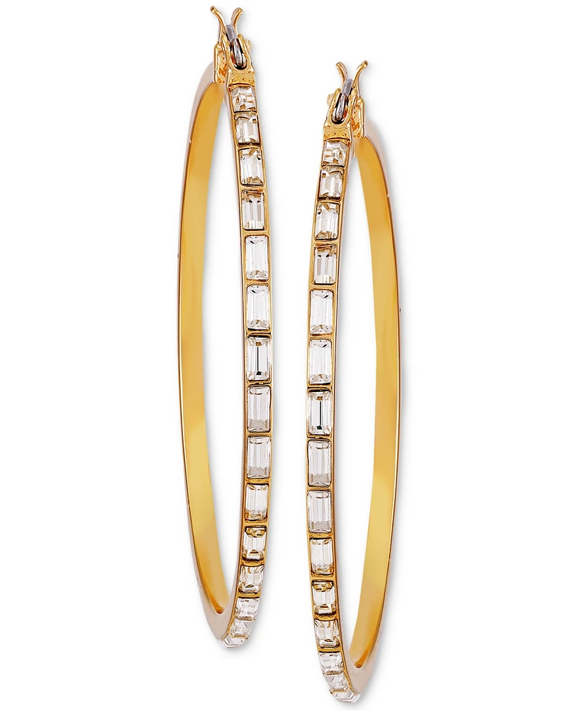 Guess Gold-Tone Baguette Crystal Medium Hoop Earrings, 2"
