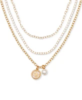 Guess Gold-Tone Imitation Pearl & Logo Three Layered Pendant Necklace, 17" + 2" extender