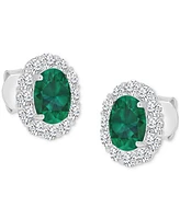 Cubic Zirconia Green Stone Oval Halo Stud Earrings Sterling Silver
