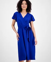 Connected Petite Tie-Waist Flutter-Sleeve Midi Dress