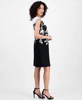 Connected Petite Floral Jewel-Neck Belted Sheath Dress