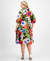 Sandra Darren Plus Print Tie-Waist 3/4-Sleeve Midi Dress