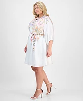 Sandra Darren Plus Placed-Floral Tie-Waist Shift Dress