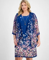 Sandra Darren Plus Placed-Floral 3/4-Sleeve Jacket Dress